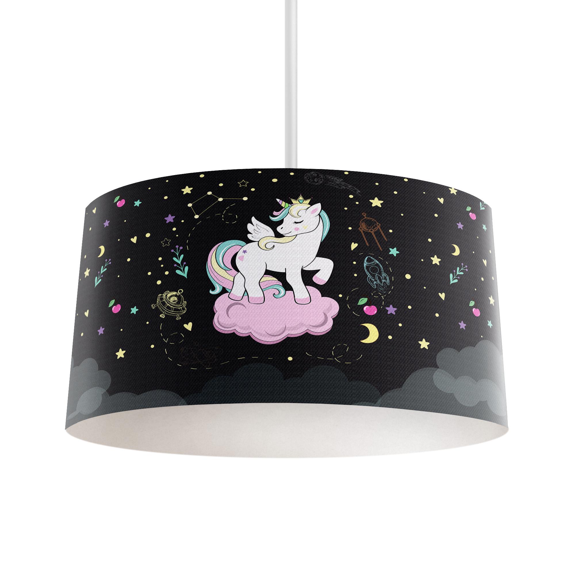 MEKTA%20HOME%20BEBEK%20VE%20ÇOCUK%20ODASI%20Pembe%20Bulut%20Üzerinde%20Unicorn%20Desenli%20Siyah%20Avize
