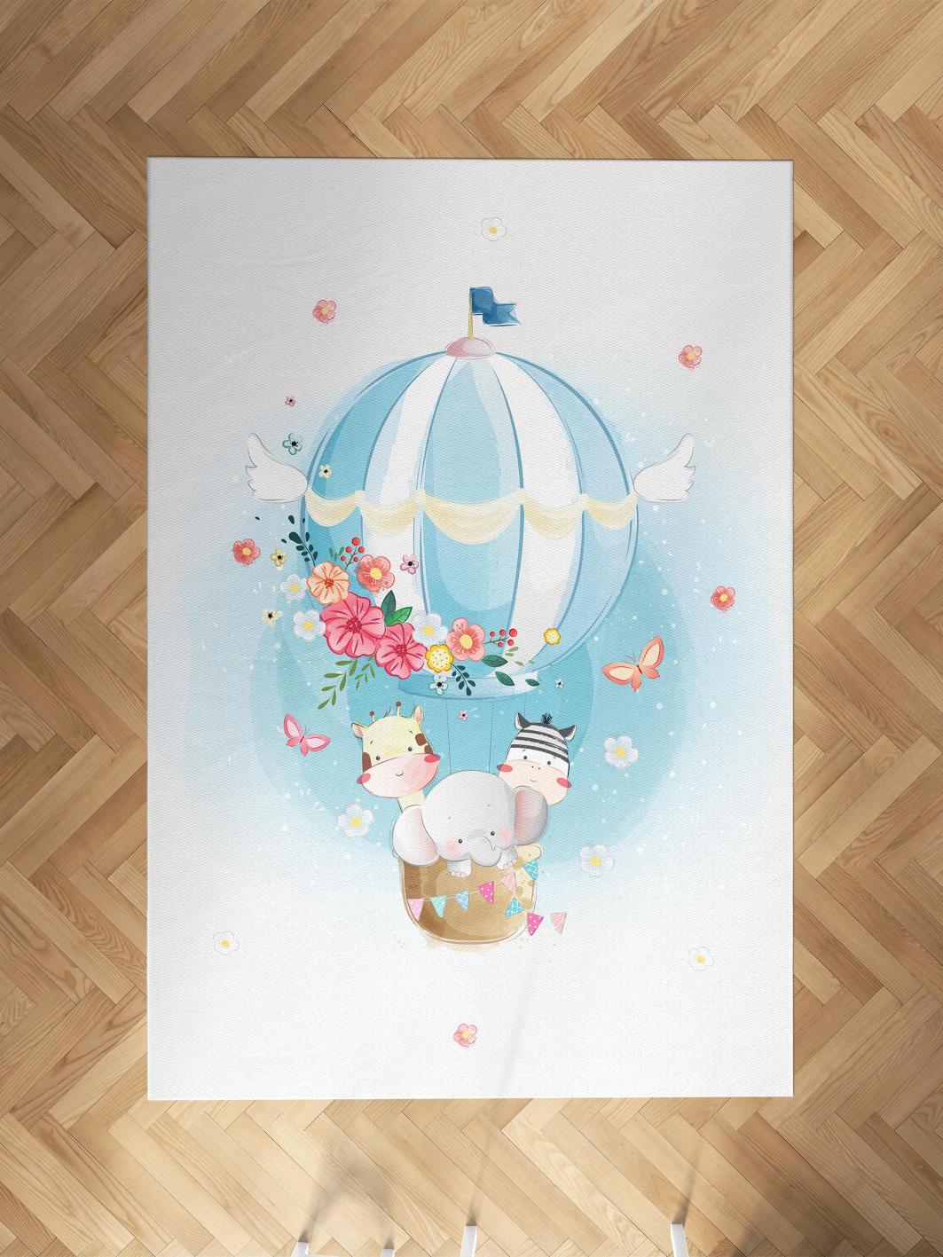 MEKTA%20HOME%20BEBEK%20VE%20ÇOCUK%20ODASI%20Fil%20ve%20Çiçekli%20Uçan%20Balon%20Desenli%20Halı