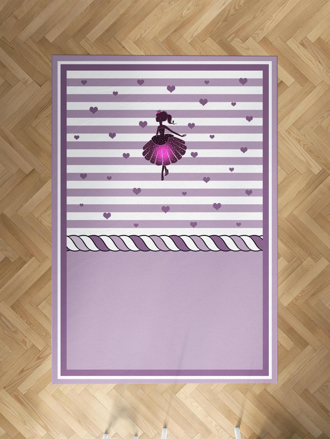 MEKTA%20HOME%20BEBEK%20VE%20ÇOCUK%20ODASI%20Çizgili%20Kalpli%20Prenses%20Kız%20Desenli%20Halı
