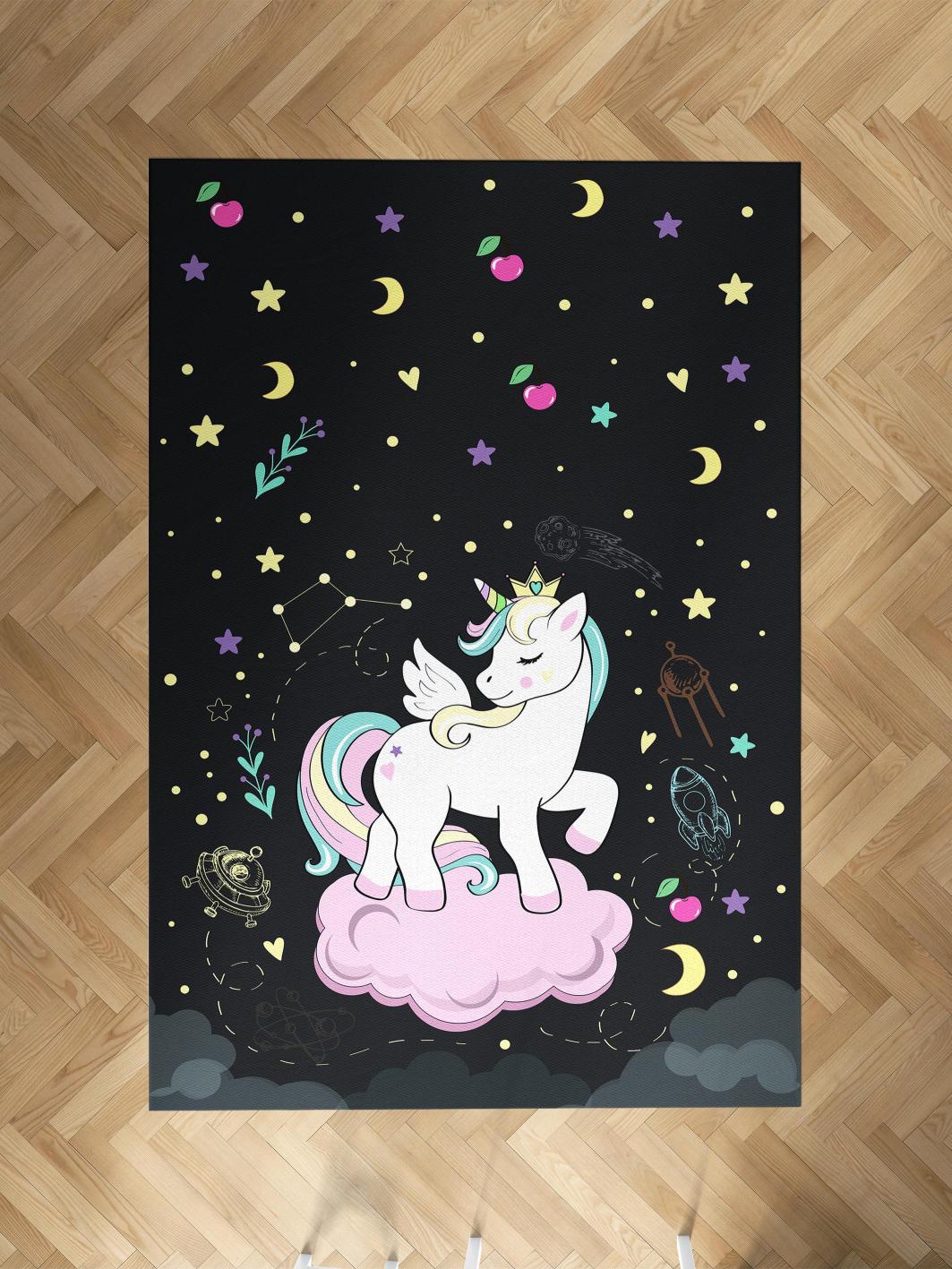 MEKTA%20HOME%20BEBEK%20VE%20ÇOCUK%20ODASI%20Pembe%20Bulut%20Üzerinde%20Unicorn%20Desenli%20Siyah%20Halı