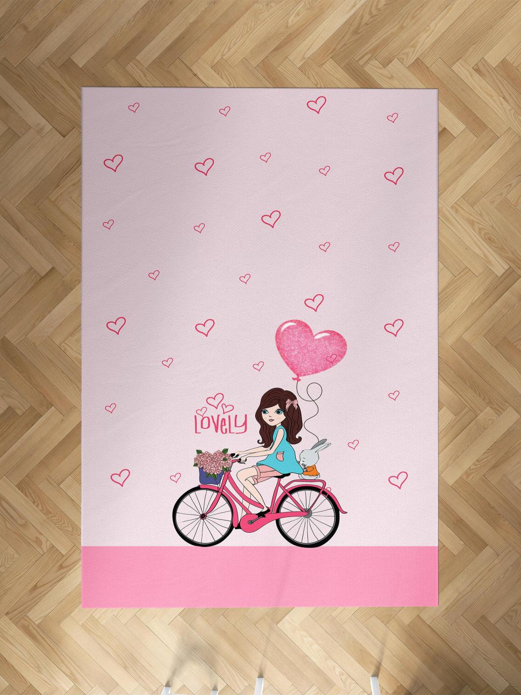 MEKTA%20HOME%20BEBEK%20VE%20ÇOCUK%20ODASI%20Bisikletli%20Kız%20ve%20Kalpli%20Balon%20Desenli%20Pembe%20Halı