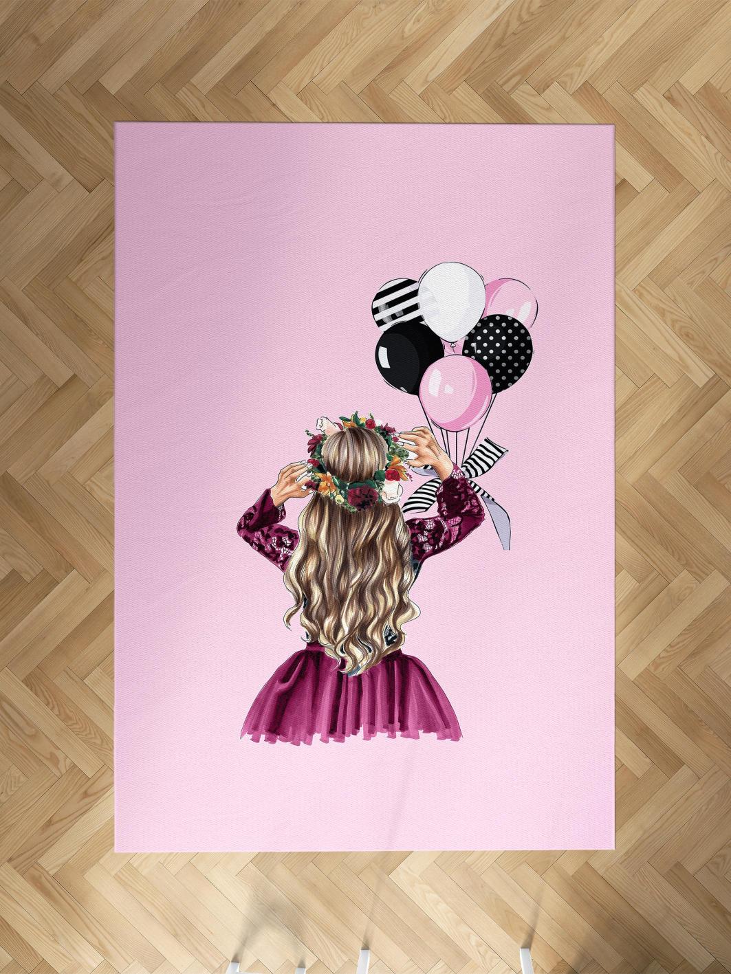 MEKTA%20HOME%20BEBEK%20VE%20ÇOCUK%20ODASI%20Prenses%20Kız%20ve%20Fiyonklu%20Balon%20Desenli%20Halı