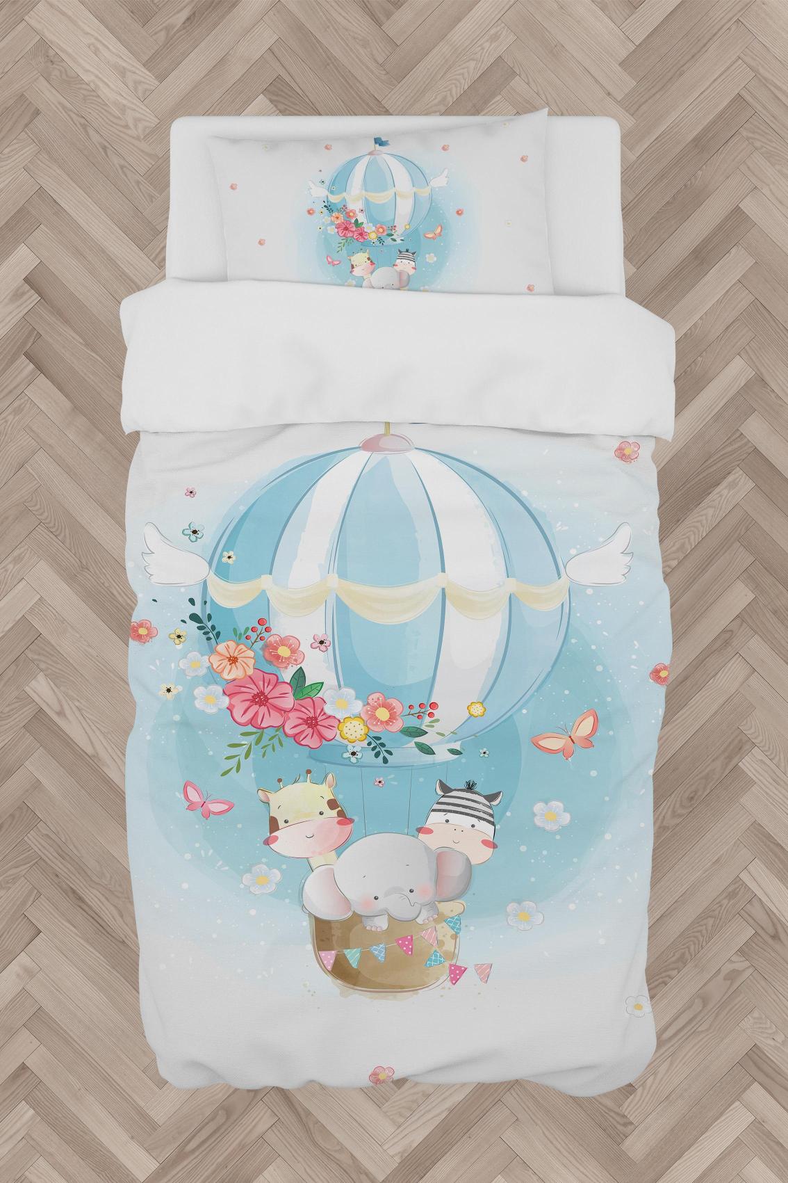 MEKTA%20HOME%20BEBEK%20VE%20ÇOCUK%20ODASI%20Fil%20ve%20Çiçekli%20Uçan%20Balon%20Desenli%20Nevresim%20Takımı