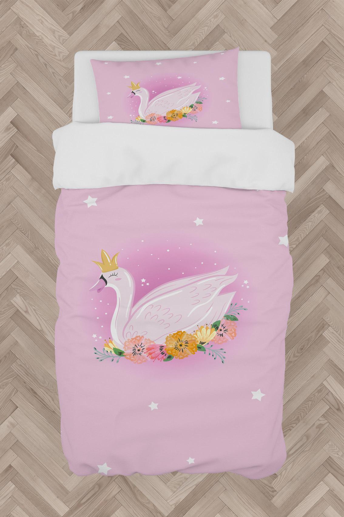MEKTA%20HOME%20BEBEK%20VE%20ÇOCUK%20ODASI%20Pembe%20Kuğu%20Desenli%20Nevresim%20Takımı