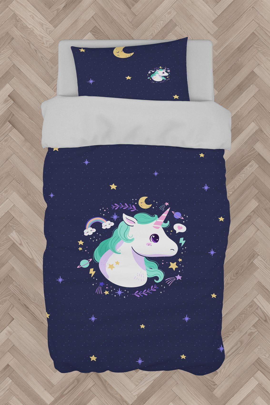 MEKTA%20HOME%20BEBEK%20VE%20ÇOCUK%20ODASI%20Lacivert%20Unicorn%20Desenli%20Nevresim%20Takımı