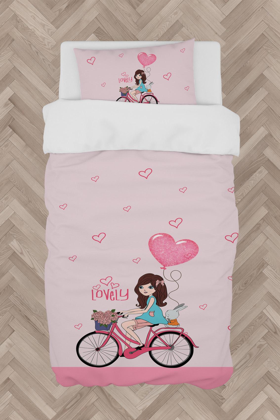 MEKTA%20HOME%20BEBEK%20VE%20ÇOCUK%20ODASI%20Bisikletli%20Kız%20ve%20Kalpli%20Balon%20Desenli%20Pembe%20Nevresim%20Takımı