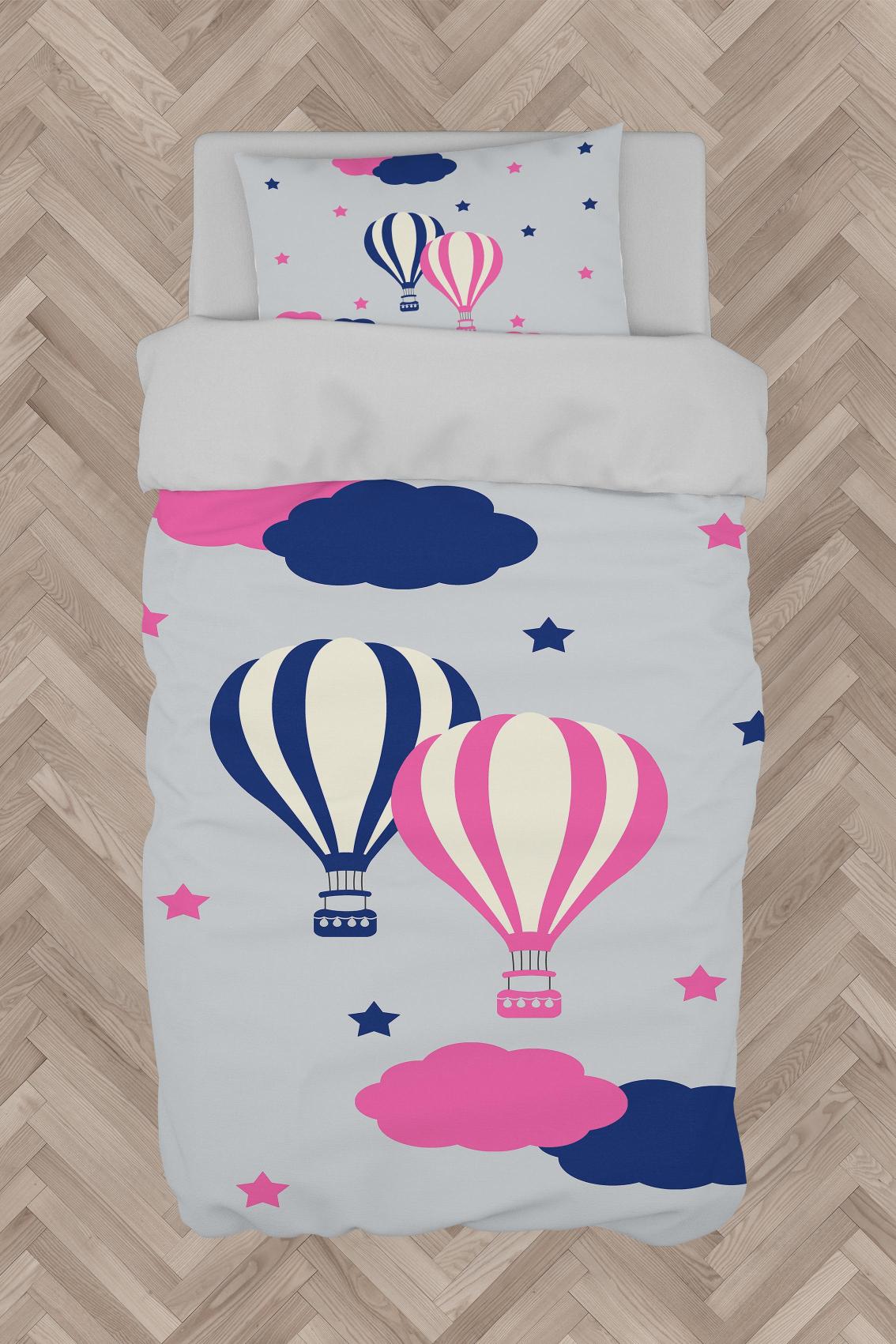 MEKTA%20HOME%20BEBEK%20VE%20ÇOCUK%20ODASI%20Pembe%20Mavi%20Uçan%20Balon%20Desenli%20Nevresim%20Takımı