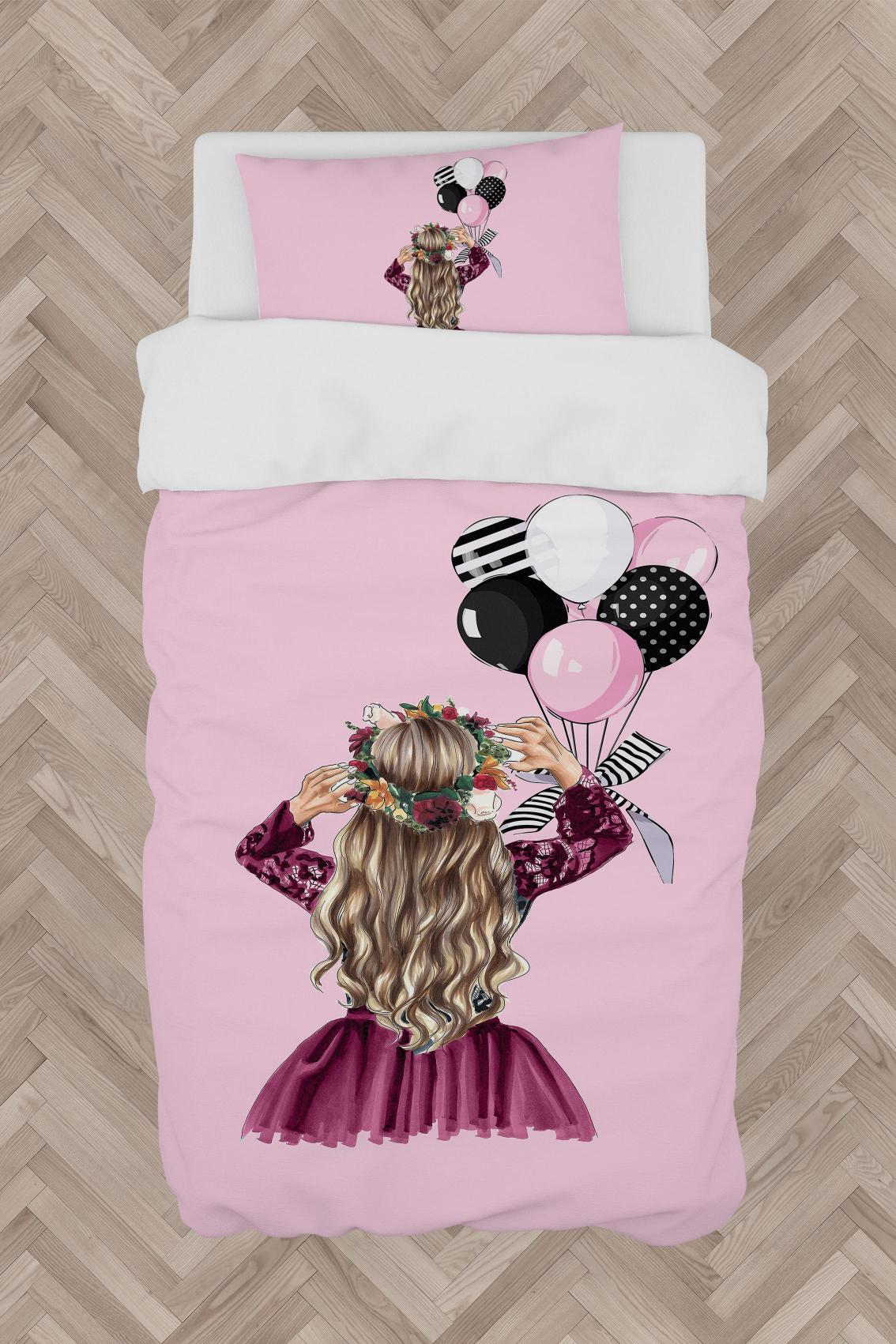 MEKTA%20HOME%20BEBEK%20VE%20ÇOCUK%20ODASI%20Prenses%20Kız%20ve%20Fiyonklu%20Balon%20Desenli%20Nevresim%20Takımı