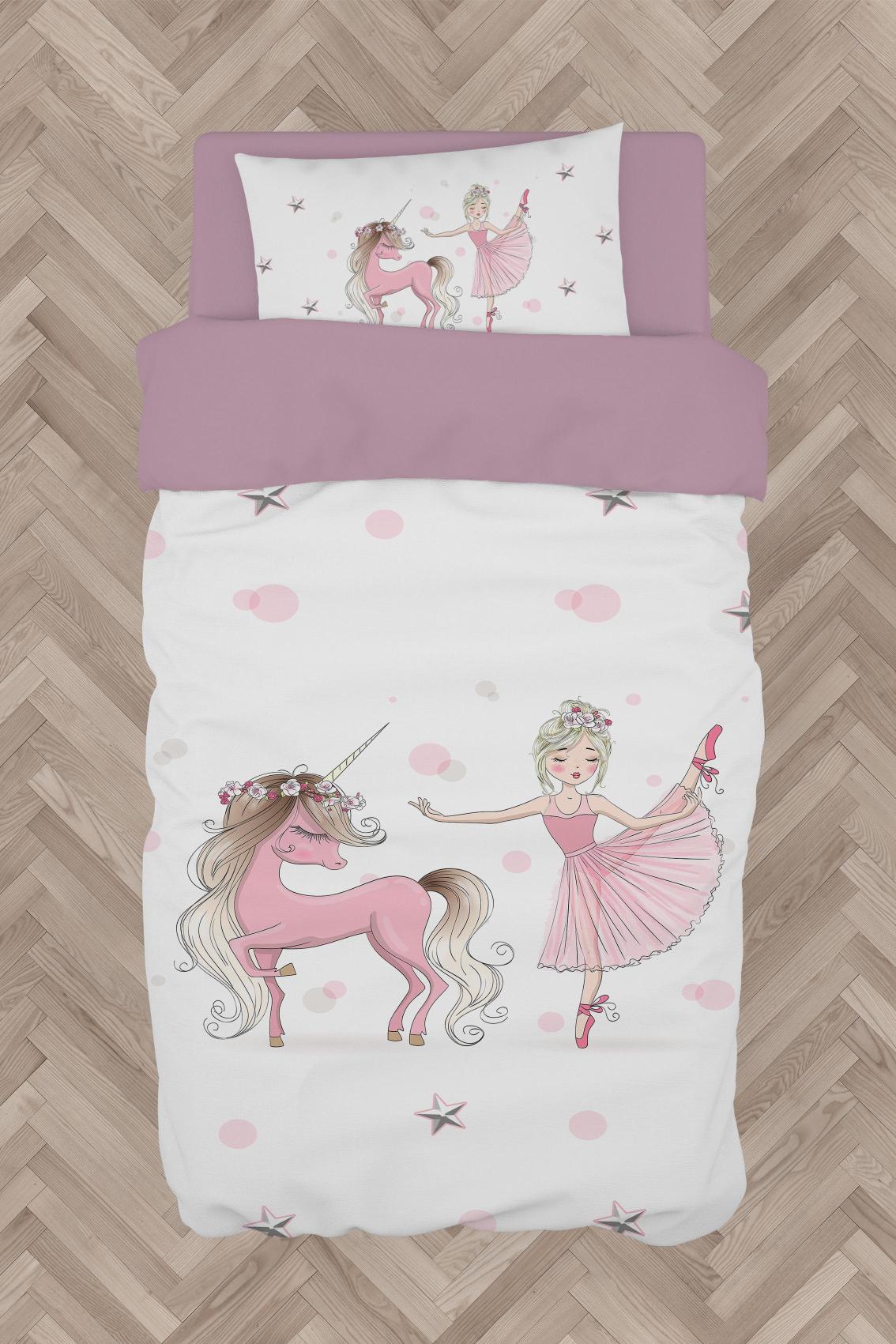 MEKTA%20HOME%20BEBEK%20VE%20ÇOCUK%20ODASI%20Balerin%20ve%20Unicorn%20Kız%20Desenli%20Pembe%20Nevresim%20Takımı