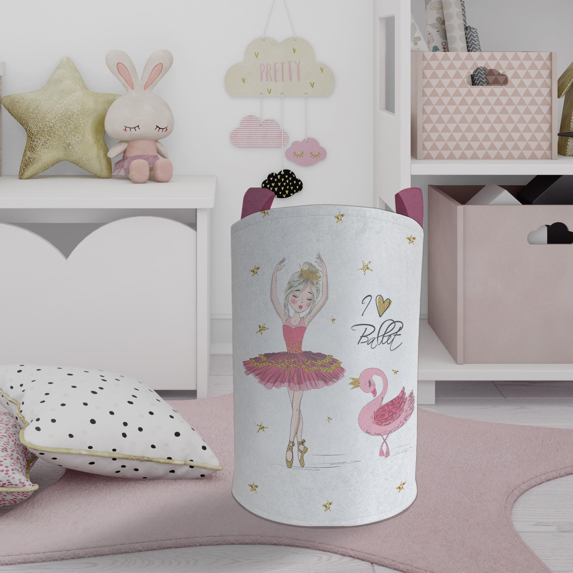 MEKTA%20HOME%20BEBEK%20VE%20ÇOCUK%20ODASI%20Pembe%20Balerin%20Ve%20Kuğu%20Desenli%20Oyuncak%20Sepeti