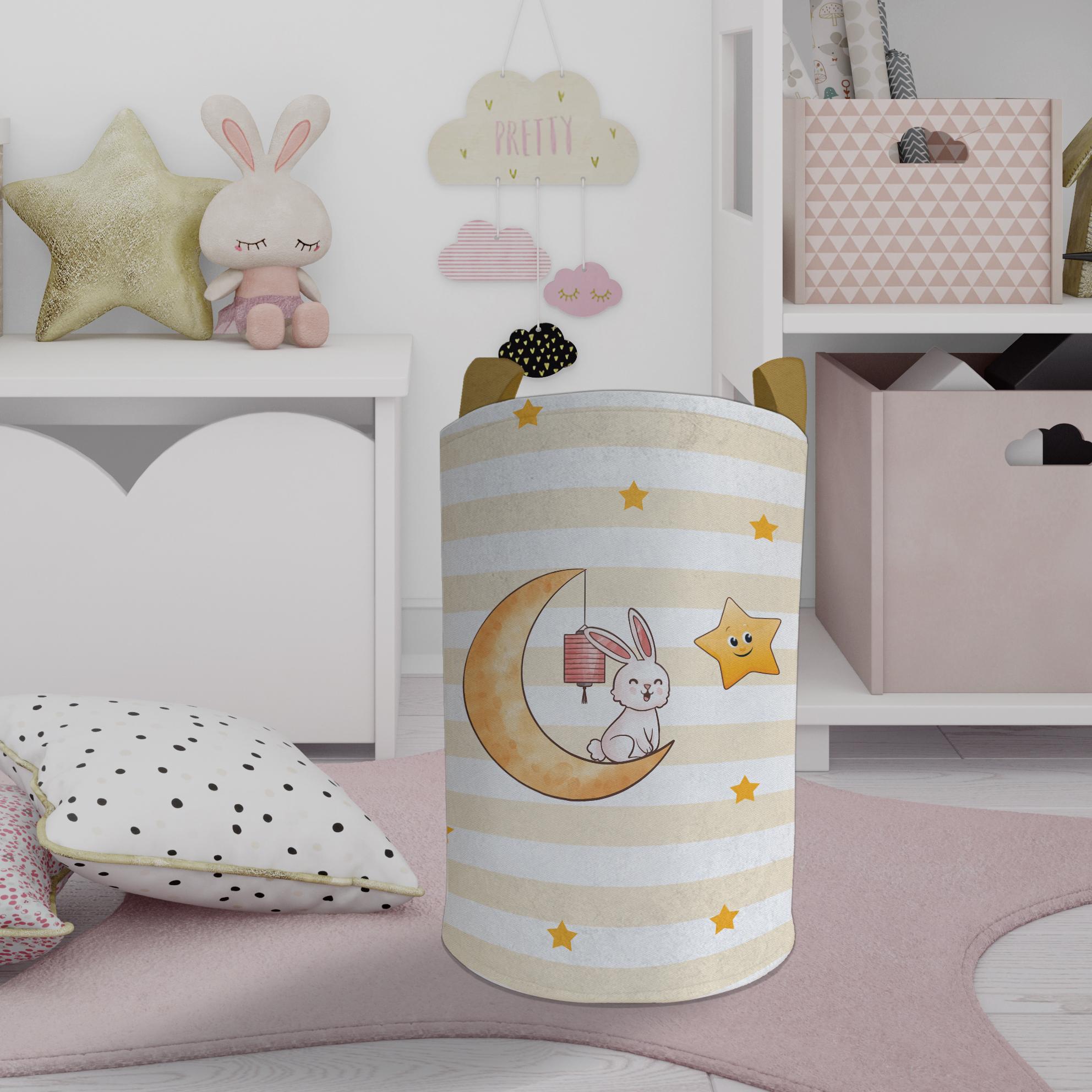 MEKTA%20HOME%20BEBEK%20VE%20ÇOCUK%20ODASI%20Ay%20Üzerinde%20Oturan%20Tavşan%20ve%20Yıldız%20Desenli%20Oyuncak%20Sepeti