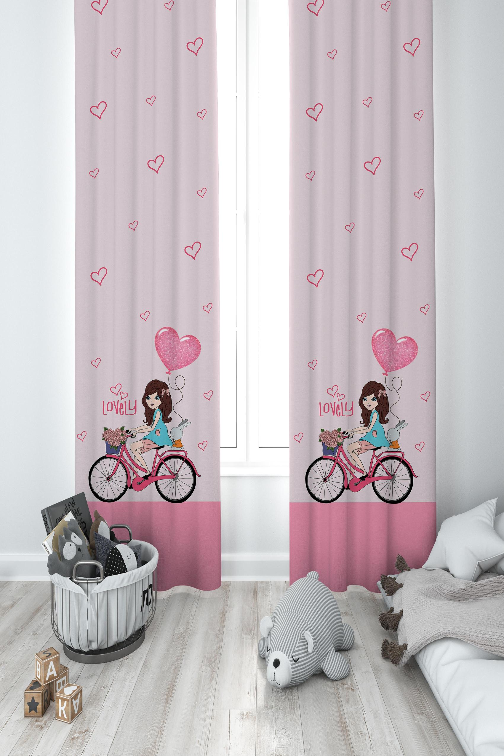 MEKTA%20HOME%20BEBEK%20VE%20ÇOCUK%20ODASI%20Bisikletli%20Kız%20ve%20Kalpli%20Balon%20Desenli%20Pembe%202%20Kanat%20Fon%20Perde