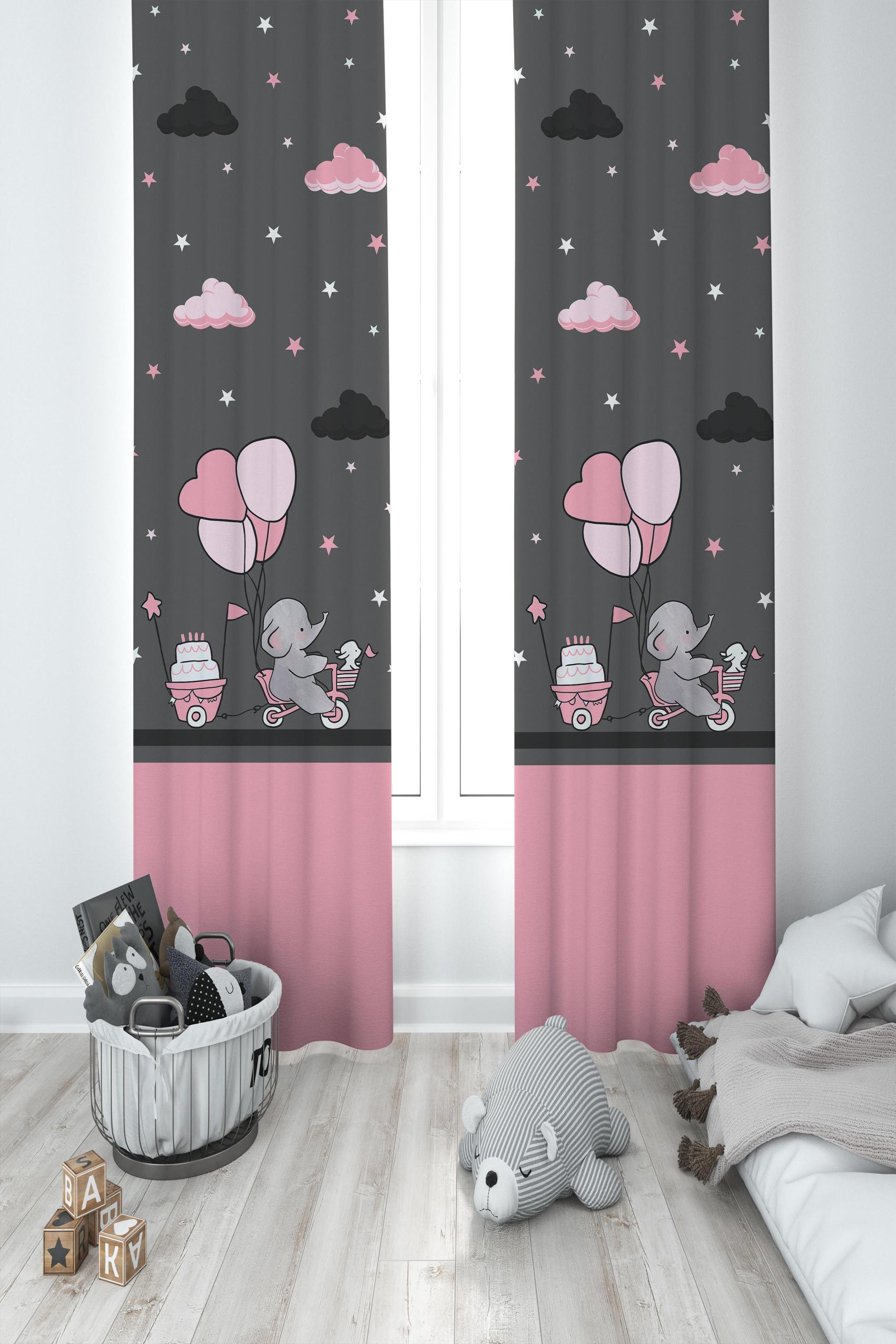 MEKTA%20HOME%20BEBEK%20VE%20ÇOCUK%20ODASI%20Pembe%20Bisiklet%20Balon%20ve%20Fil%20Desenli%202%20Kanat%20Fon%20Perde