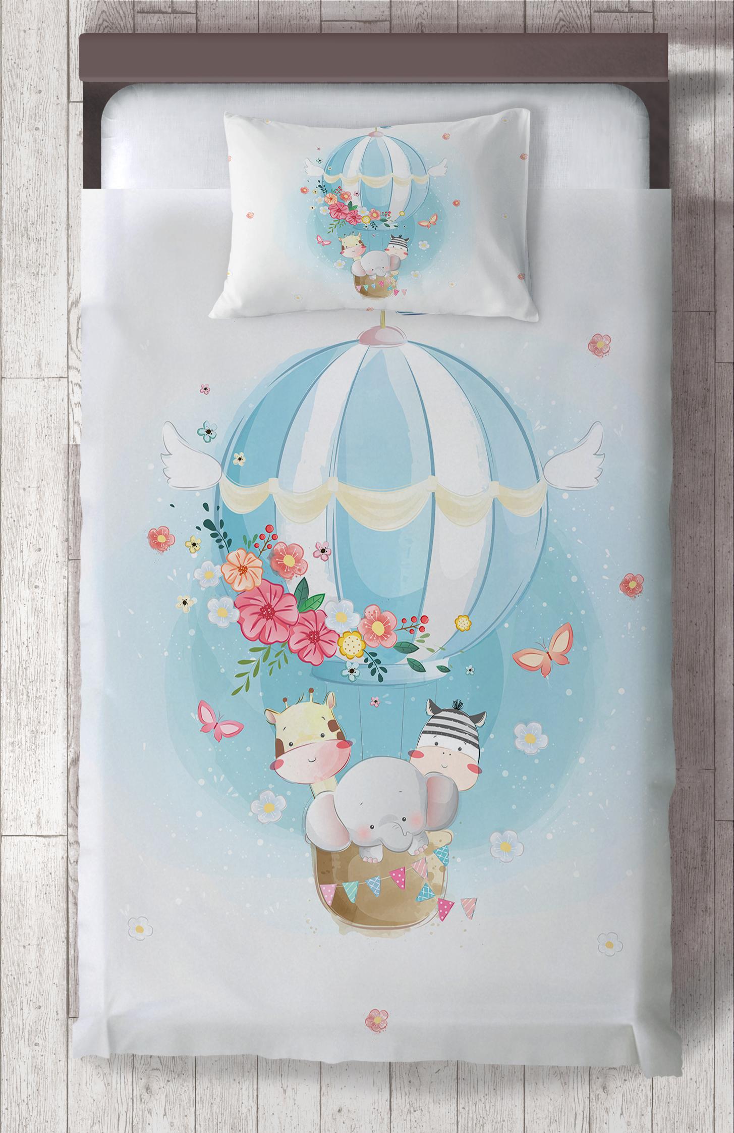 MEKTA%20HOME%20BEBEK%20VE%20ÇOCUK%20ODASI%20Fil%20ve%20Çiçekli%20Uçan%20Balon%20Desenli%20Yatak%20Örtüsü