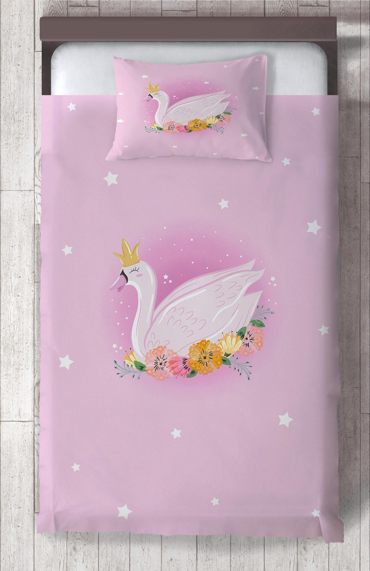 MEKTA%20HOME%20BEBEK%20VE%20ÇOCUK%20ODASI%20Pembe%20Kuğu%20Desenli%20Yatak%20Örtüsü