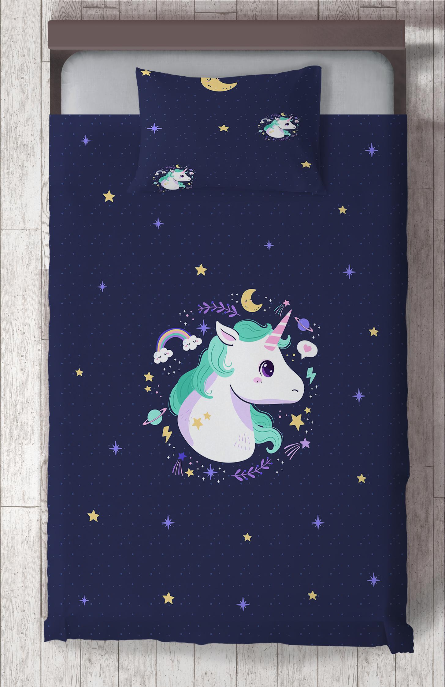 MEKTA%20HOME%20BEBEK%20VE%20ÇOCUK%20ODASI%20Lacivert%20Unicorn%20Desenli%20Yatak%20Örtüsü