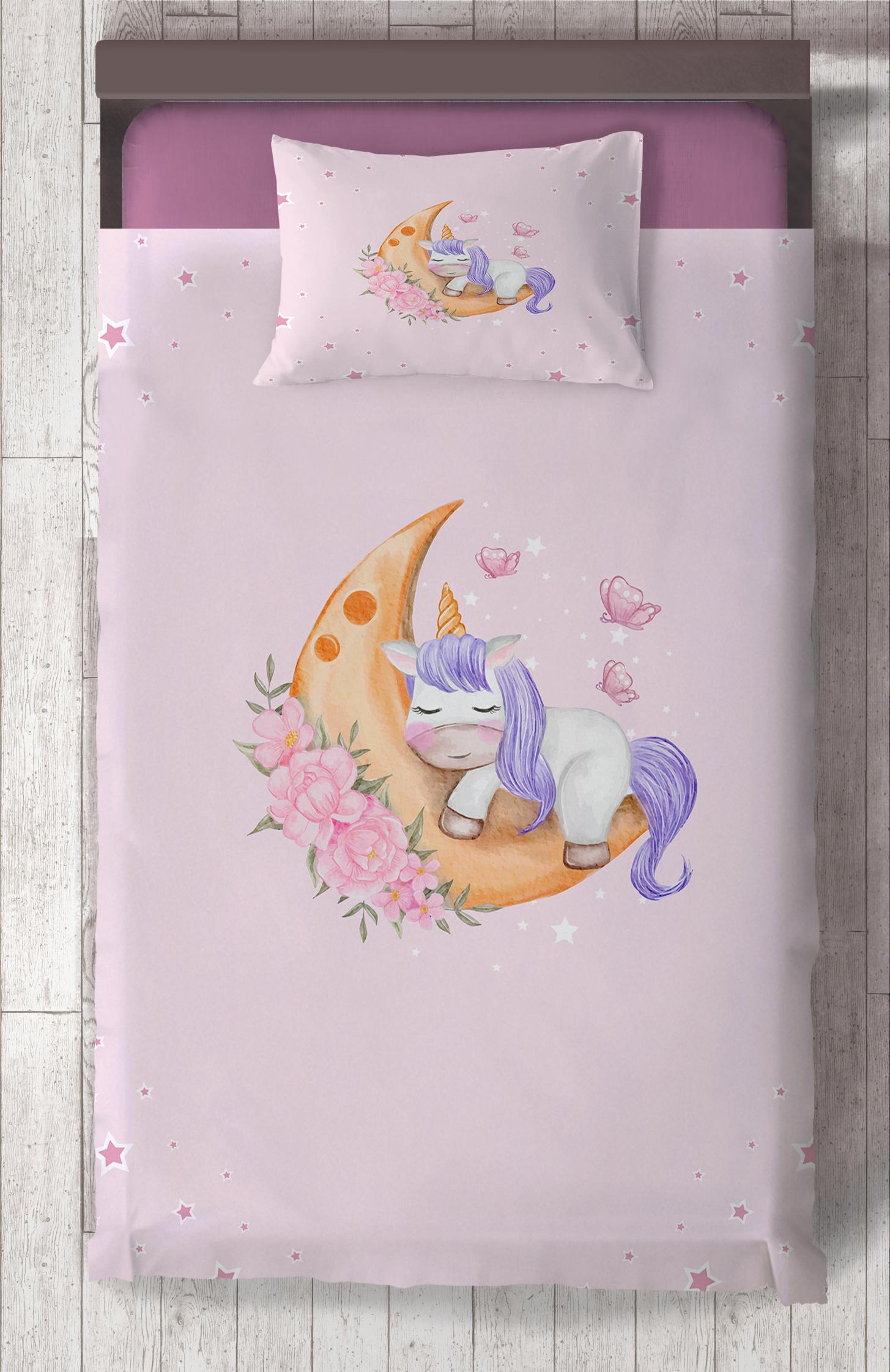 MEKTA%20HOME%20BEBEK%20VE%20ÇOCUK%20ODASI%20Aya%20Sarılan%20Unicorn%20Desenli%20Pembe%20Yatak%20Örtüsü
