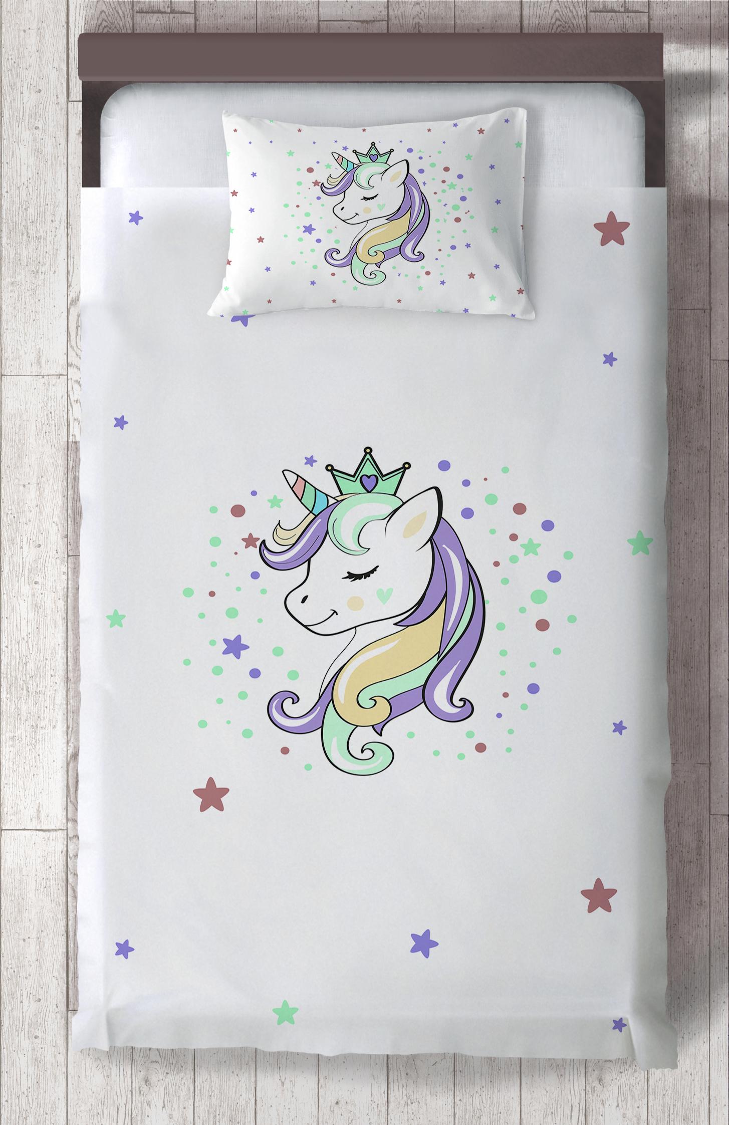 MEKTA%20HOME%20BEBEK%20VE%20ÇOCUK%20ODASI%20Renkli%20Unicorn%20Desenli%20Beyaz%20Yatak%20Örtüsü