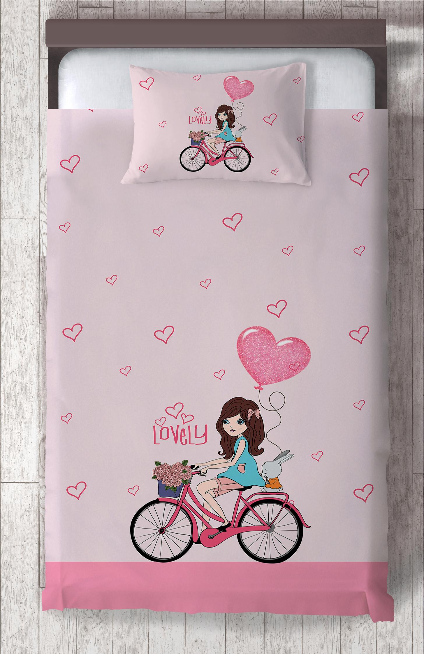 MEKTA%20HOME%20BEBEK%20VE%20ÇOCUK%20ODASI%20Bisikletli%20Kız%20ve%20Kalpli%20Balon%20Desenli%20Pembe%20Yatak%20Örtüsü