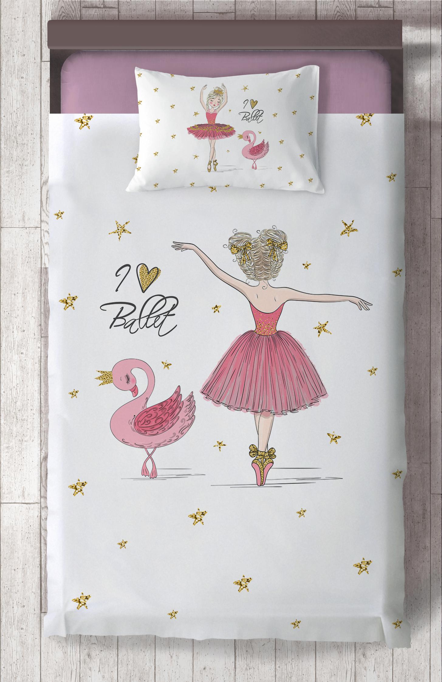 MEKTA%20HOME%20BEBEK%20VE%20ÇOCUK%20ODASI%20Pembe%20Balerin%20Ve%20Kuğu%20Desenli%20Yatak%20Örtüsü