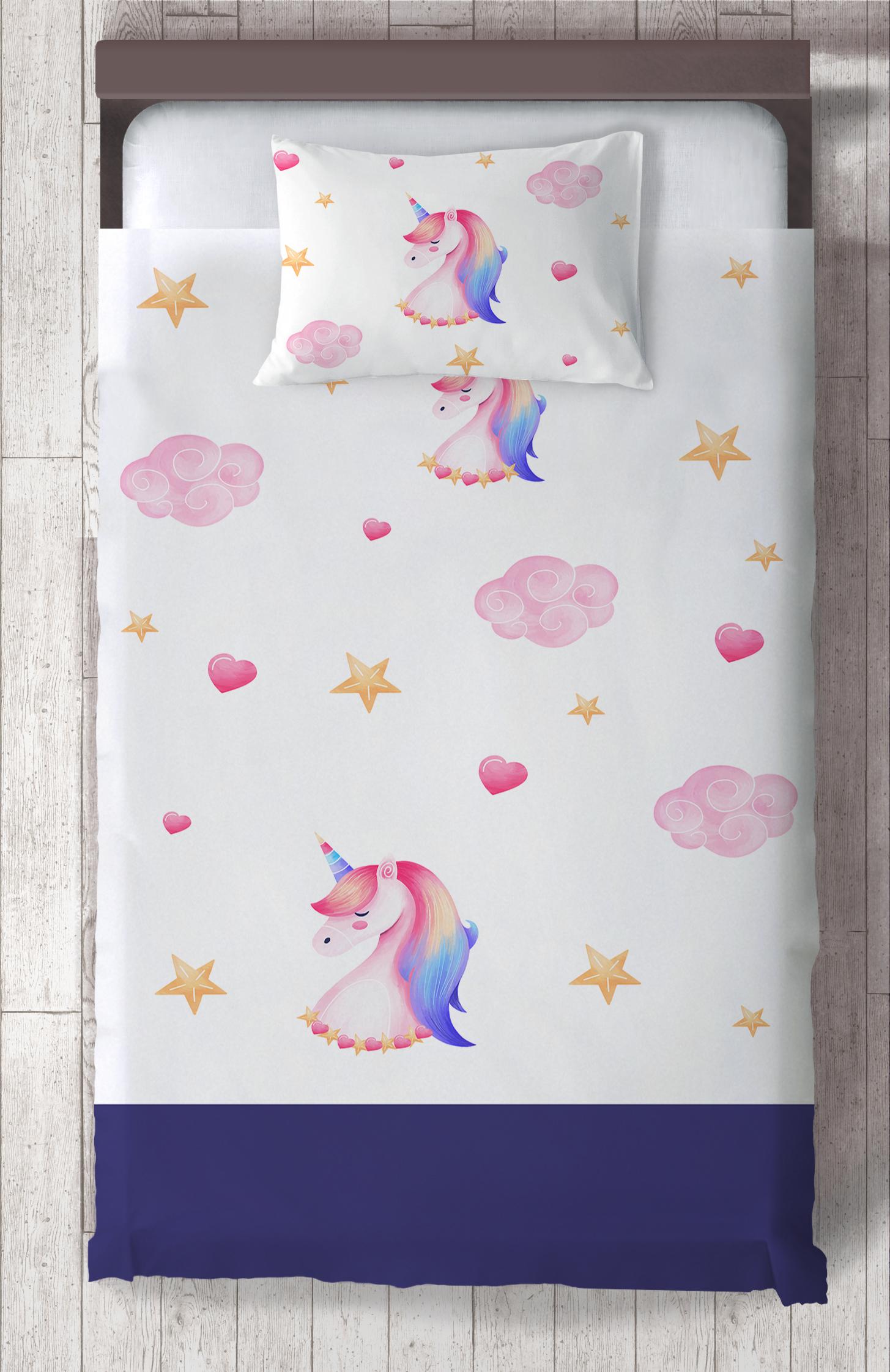 MEKTA%20HOME%20BEBEK%20VE%20ÇOCUK%20ODASI%20Unicorn%20ve%20Seksek%20Desenli%20Lacivert%20Yatak%20Örtüsü