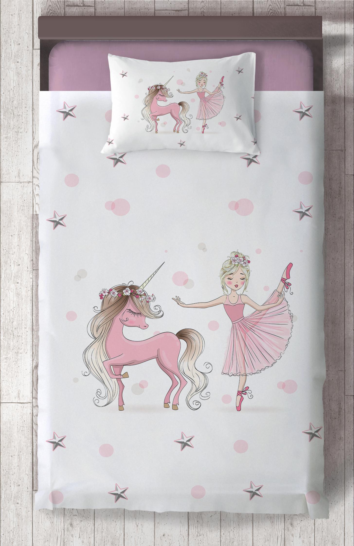 MEKTA%20HOME%20BEBEK%20VE%20ÇOCUK%20ODASI%20Balerin%20ve%20Unicorn%20Kız%20Desenli%20Pembe%20Yatak%20Örtüsü
